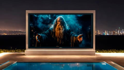 Una gran pantalla de cine en un jardín privado con piscina, de una casa inteligente con domótica